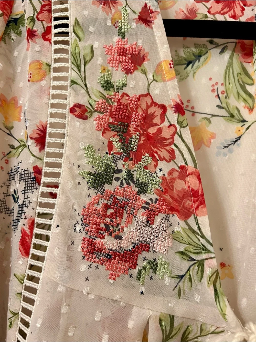 Time and Tru Floral Swiss Dot Embroidered Sheer Boho Peasant Blouse Size L - Picture 4 of 5
